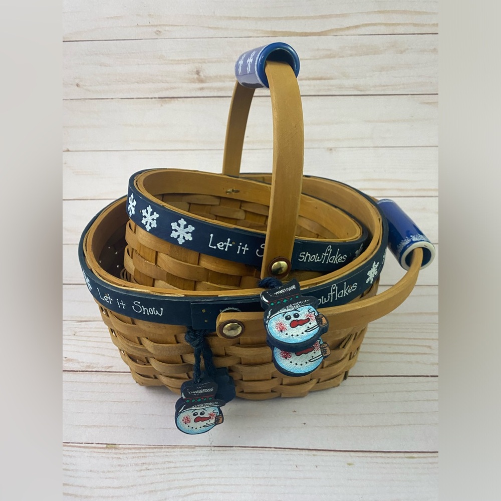Set of 2 Snowman Nesting Baskets Ceramic Handles Let it Snow